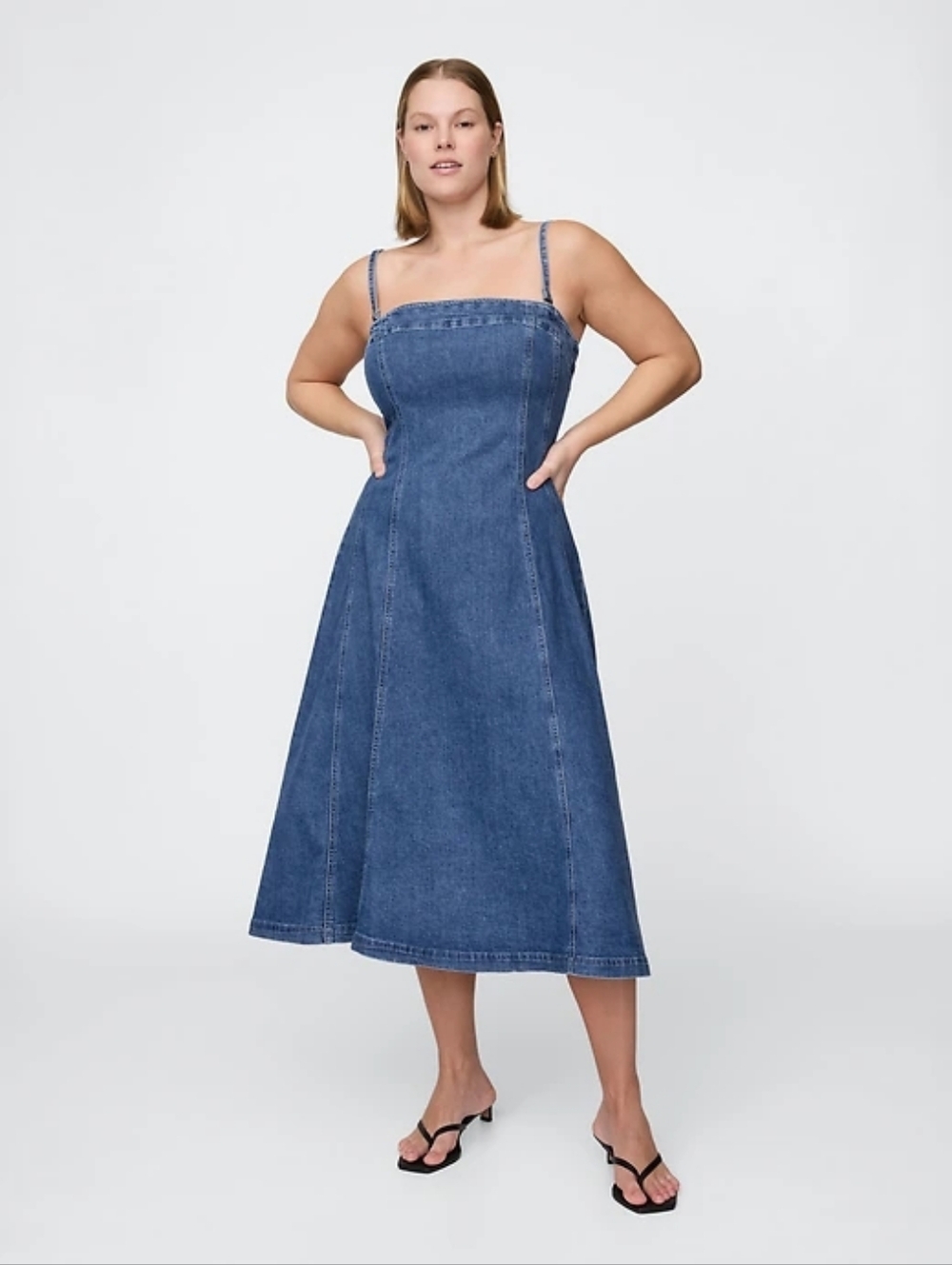 Denim Square-Neck Midi Dress in Blue